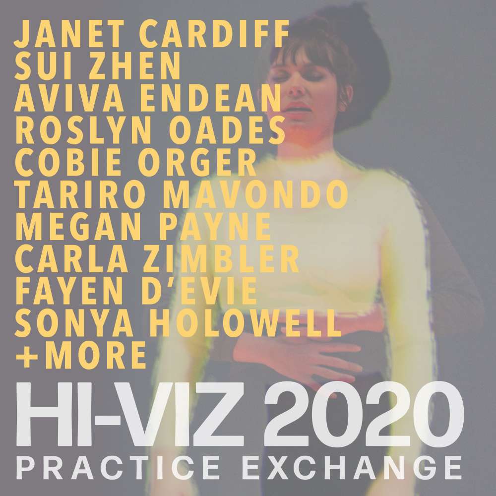Event list of names: Janet Cardiff, Sui Zhen, Aviva Endean, Roslyn Oades, Cobie Order, Tariro Mavondo, Megan Payne, Carla Zimbler, Fayen d'Evie, Sonya Holowell + more: Hi-Viz 2020 Practice Exchange